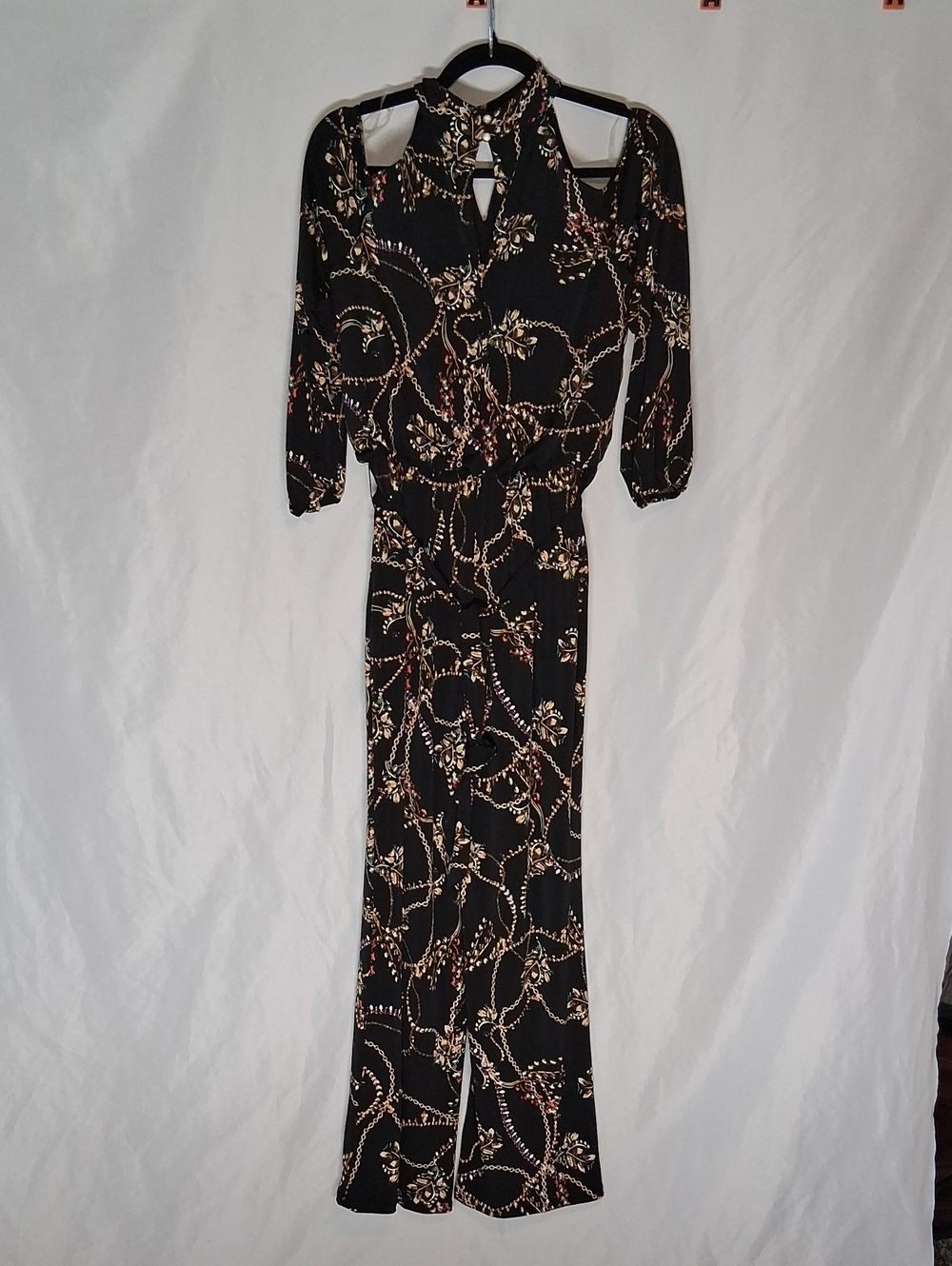 Thalia Sodi Chain Print Cold Shoulder Jumpsuit Black Gold Size S NWT